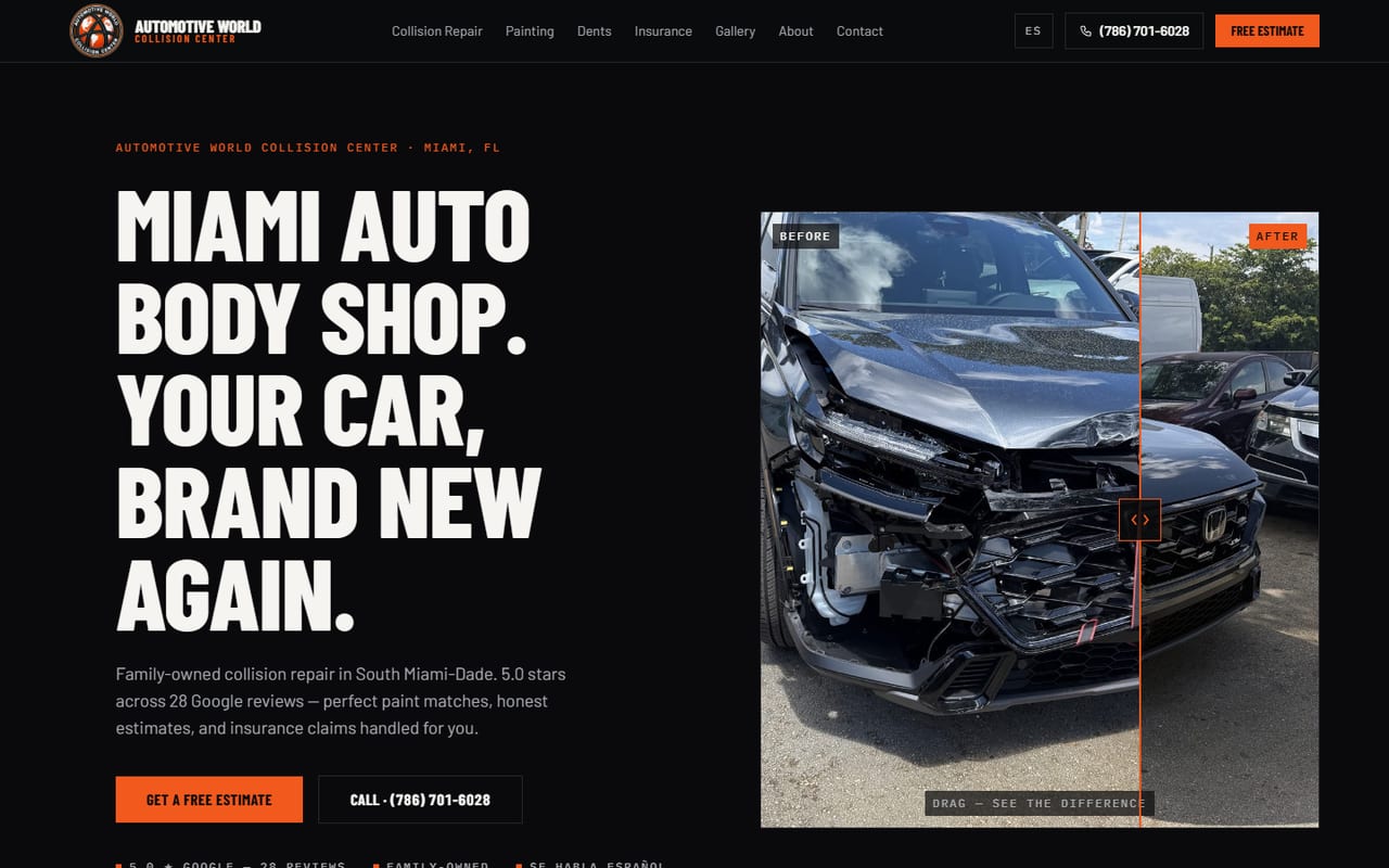 Automotive World Collision Center estimate page, built by Biz2Net